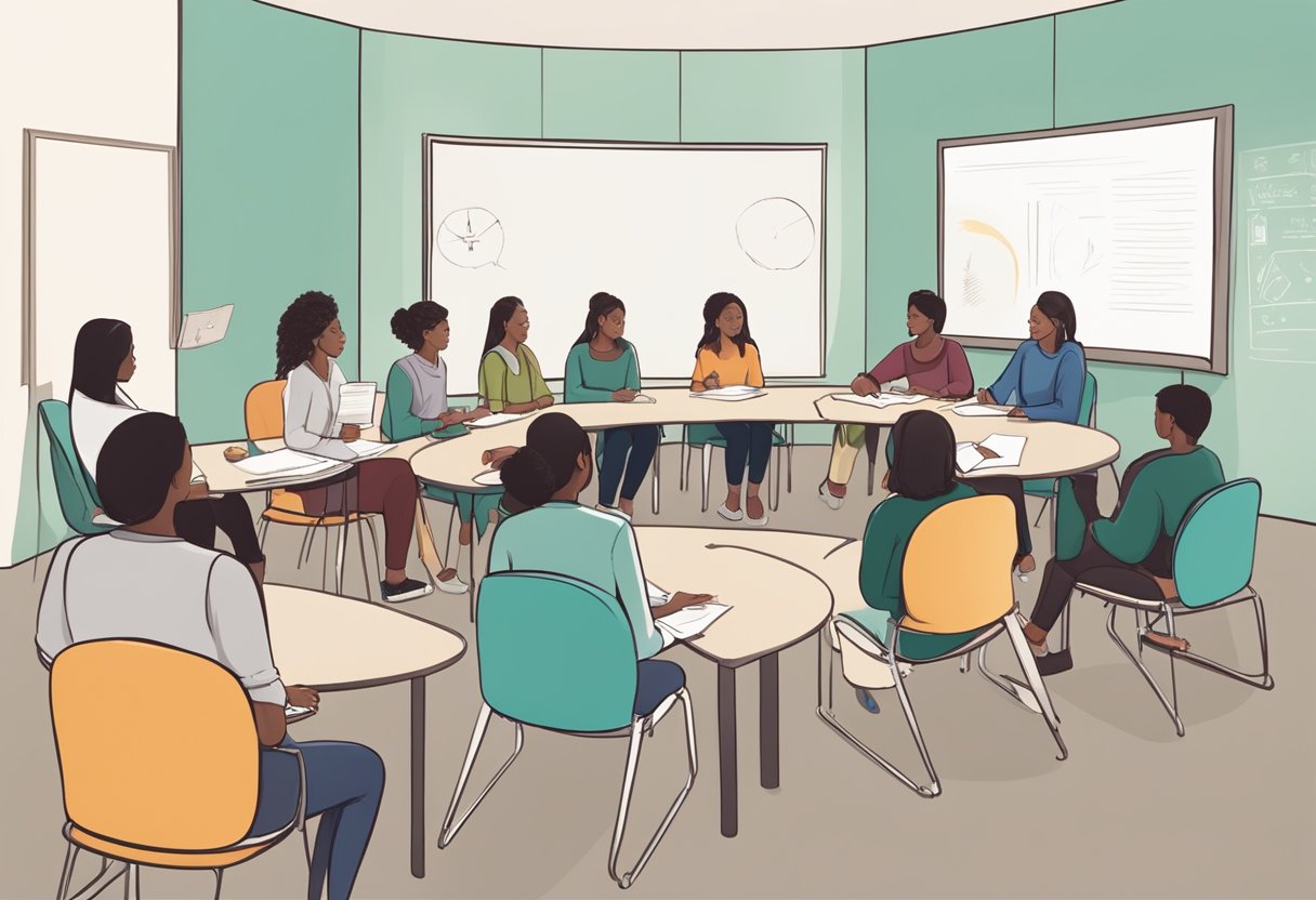 A doula education training room with a circle of chairs, a whiteboard, and teaching materials on a table. A group of students engaged in discussion and learning