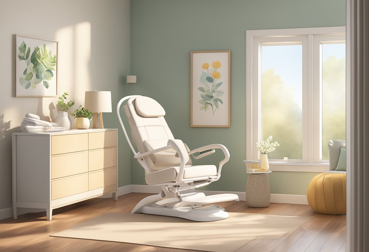 A serene, sunlit room with a comfortable birthing chair, soft lighting, and calming decor. A doula certification textbook and study materials are neatly arranged on a nearby table