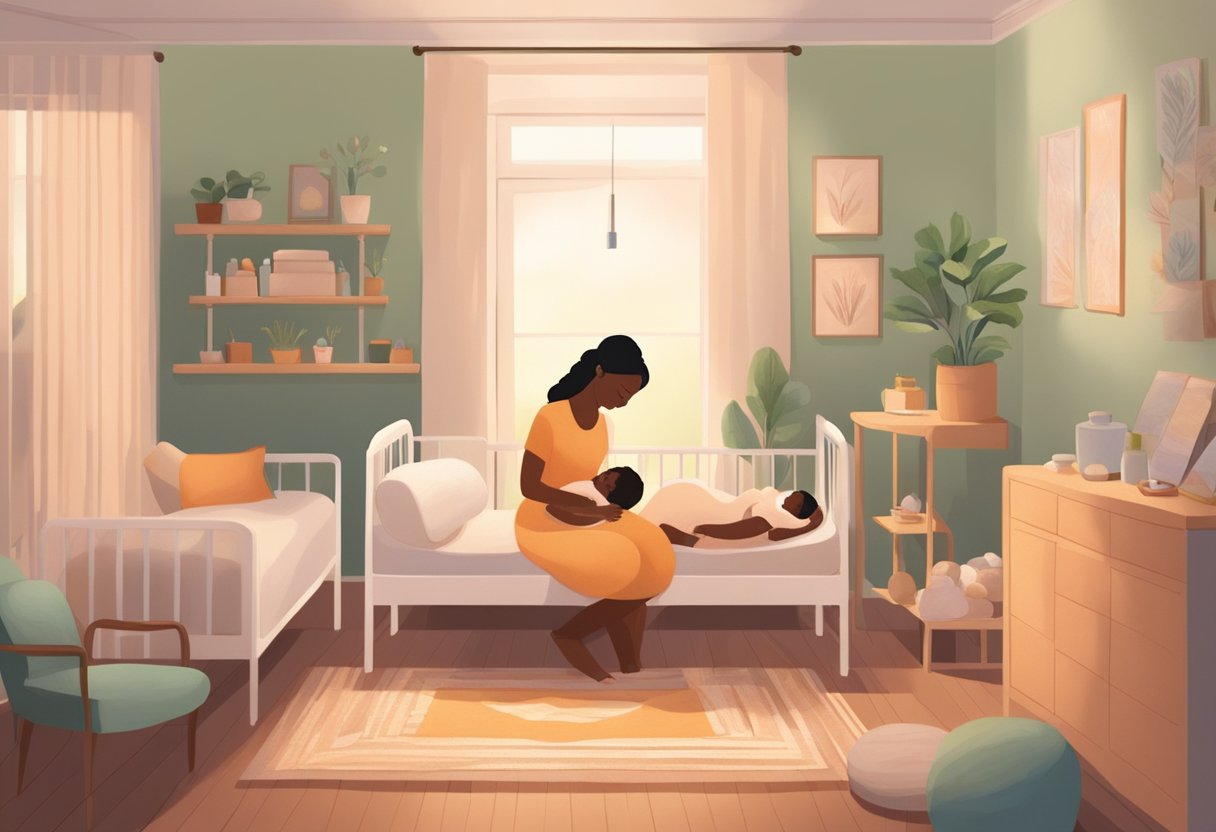 A serene birthing room with a doula providing support to a laboring mother, surrounded by comforting and calming elements such as soft lighting and soothing music