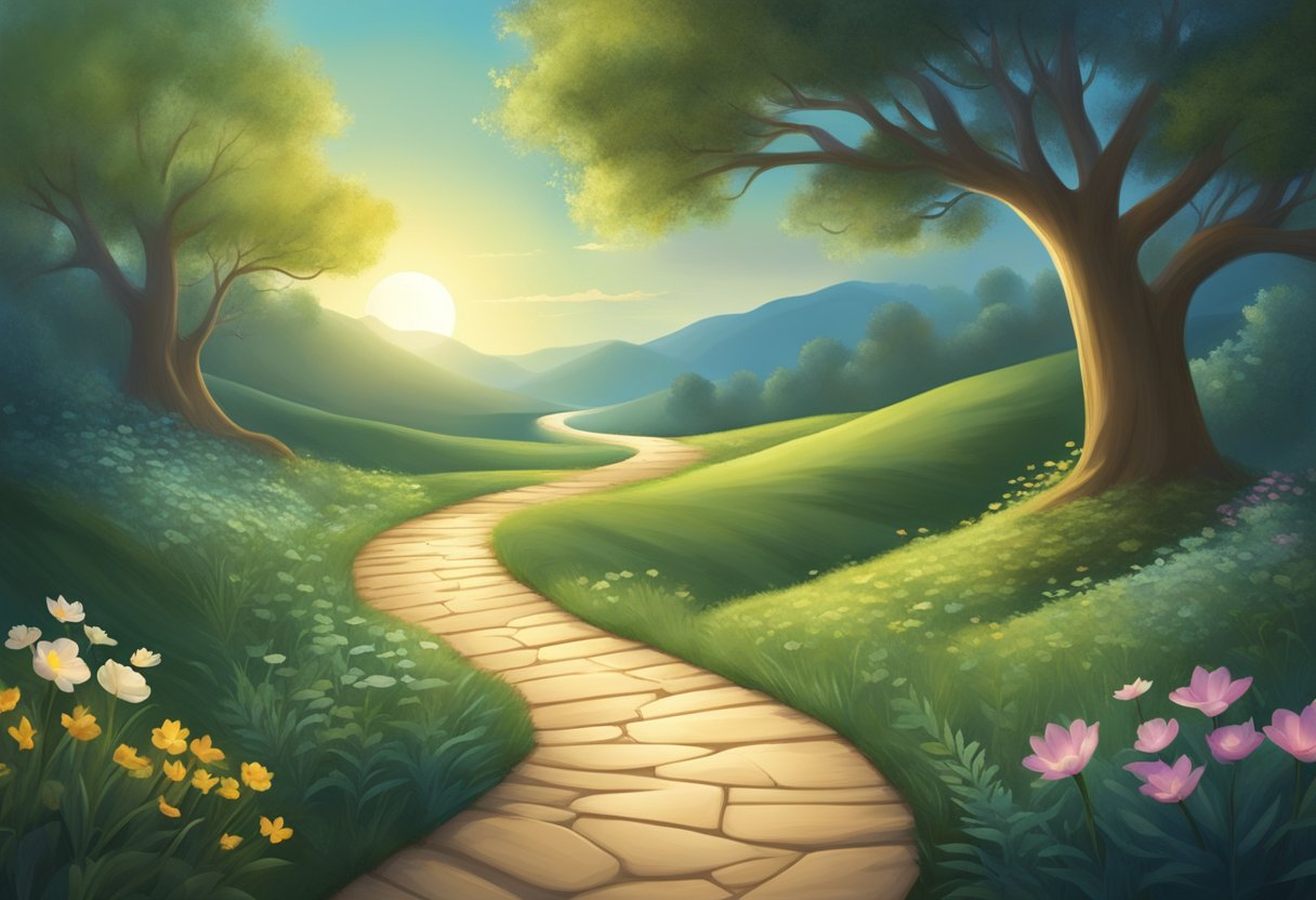 A peaceful, serene setting with a winding path leading to a glowing, radiant certification symbol at the end