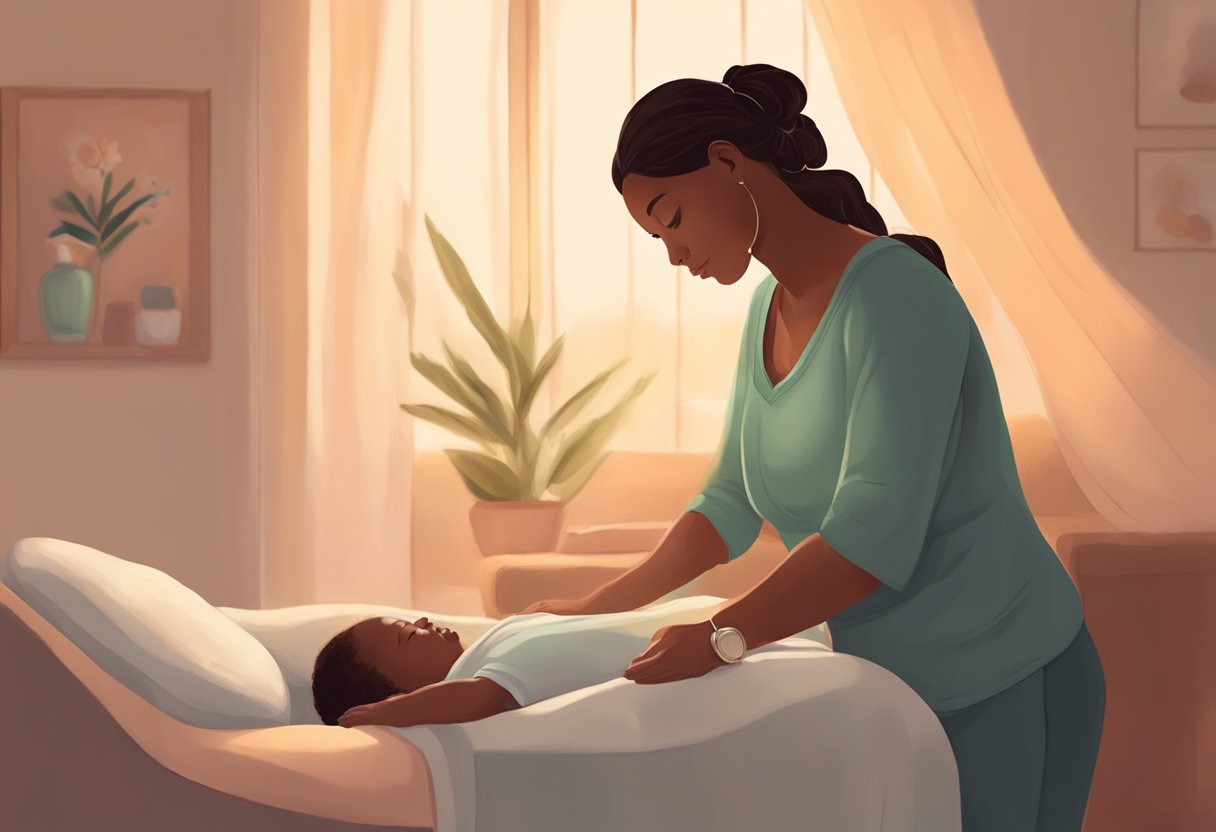 A doula calmly supports a laboring person, offering encouragement and comfort in a warm, softly lit birthing room