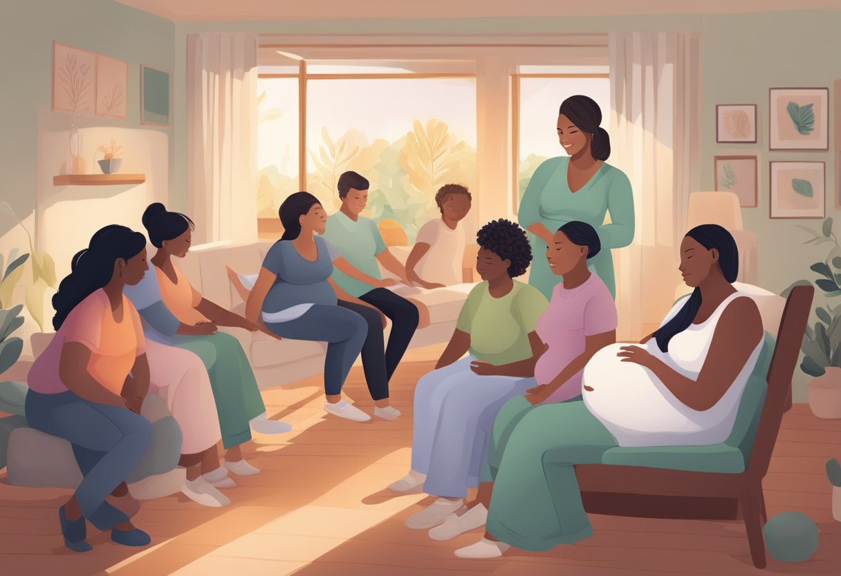 A serene, nurturing environment with a doula guiding a pregnant woman through labor, surrounded by supportive family members