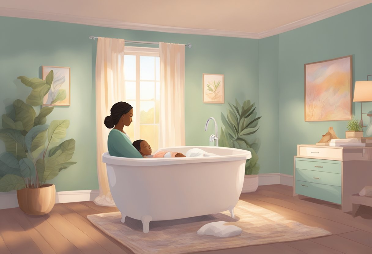 A serene birthing room with soft lighting, a comfortable birthing tub, and a supportive doula guiding the laboring mother through relaxation techniques