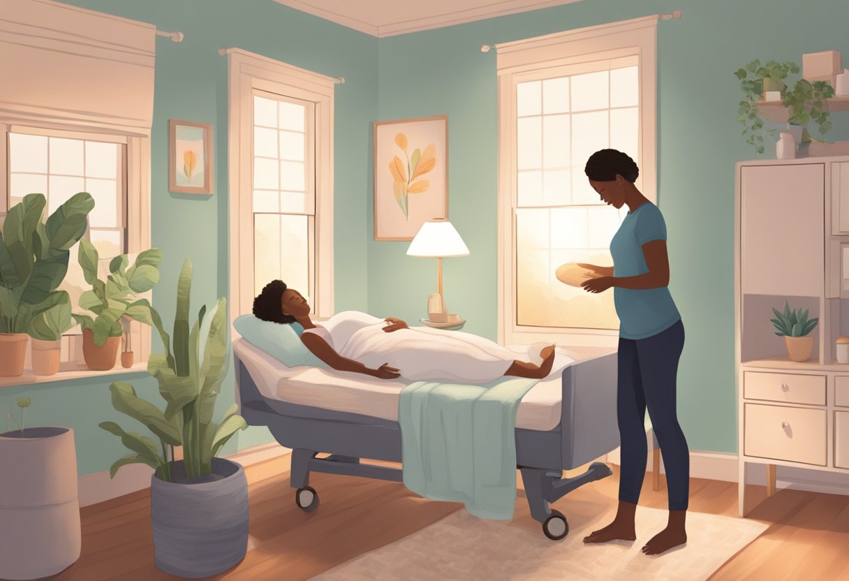 A serene birthing room with soft lighting, comfortable furnishings, and a supportive doula guiding the mother through her peaceful birth experience