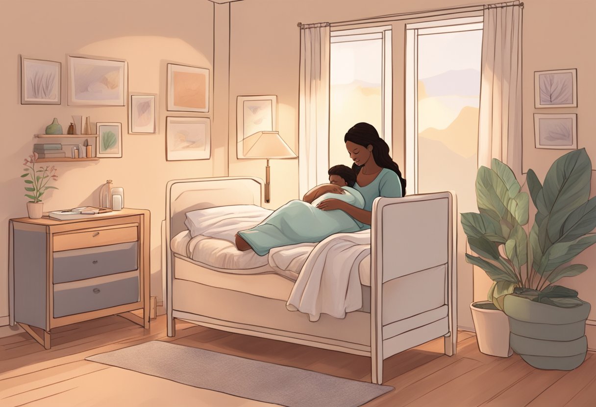 A serene birthing room with soft lighting, a comfortable bed, and soothing music playing in the background. A doula gently supports a new mother as she begins her postpartum healing and adjustment journey