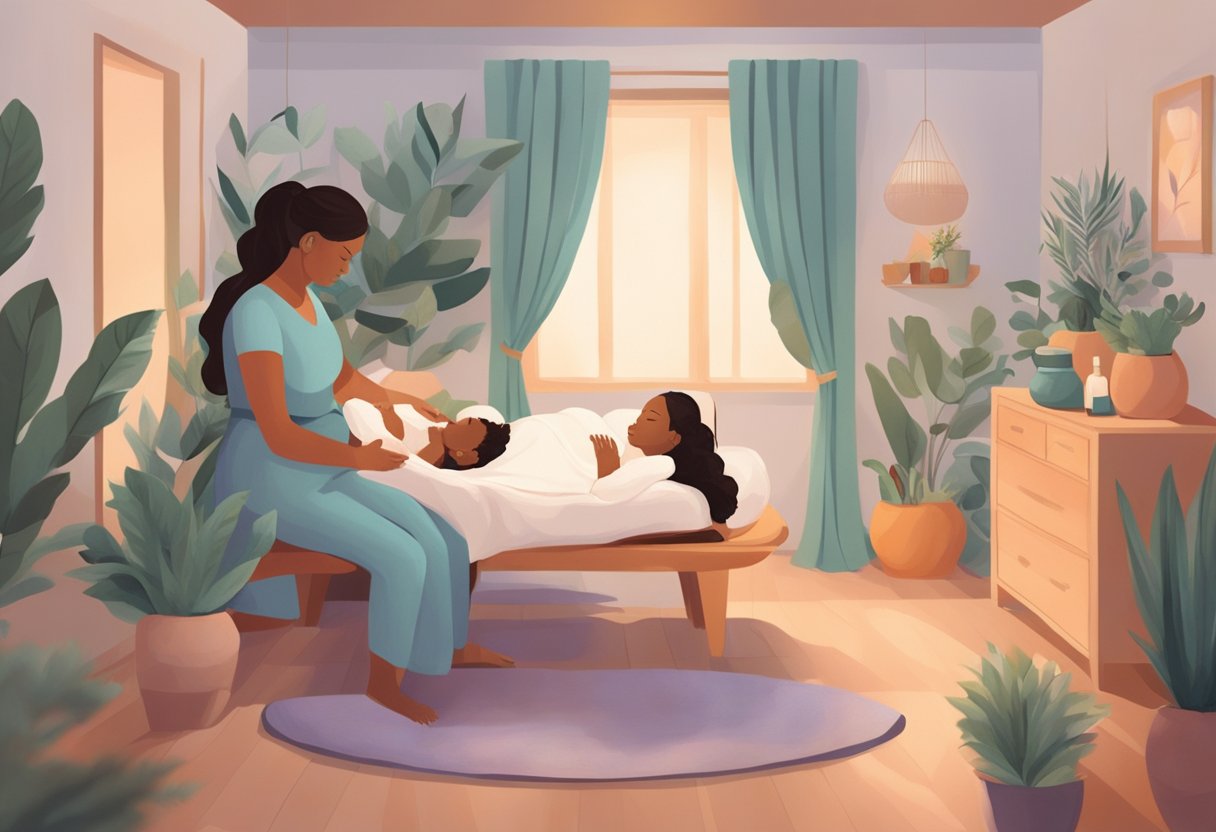 A serene birthing room with a doula providing support to a laboring mother, surrounded by calming elements such as essential oils, soft lighting, and soothing music