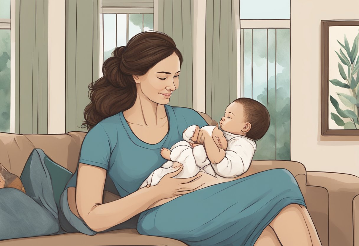 A postpartum doula sits with a new mother, offering support and guidance as they navigate the challenges of early parenthood. The doula provides emotional and practical assistance, creating a nurturing and comforting environment for the family