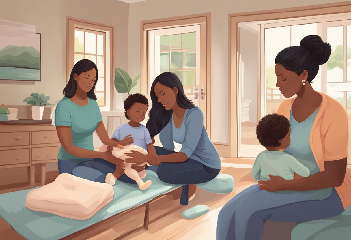 A postpartum doula assisting a new family in their home, providing emotional support and practical guidance as they adjust to life with a newborn