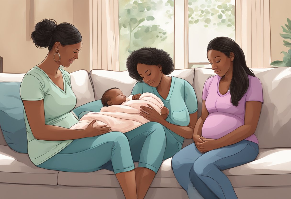 A postpartum doula sits with a new family, offering support and guidance as they adjust to life with a newborn. The doula provides emotional and practical assistance, creating a nurturing environment for the family