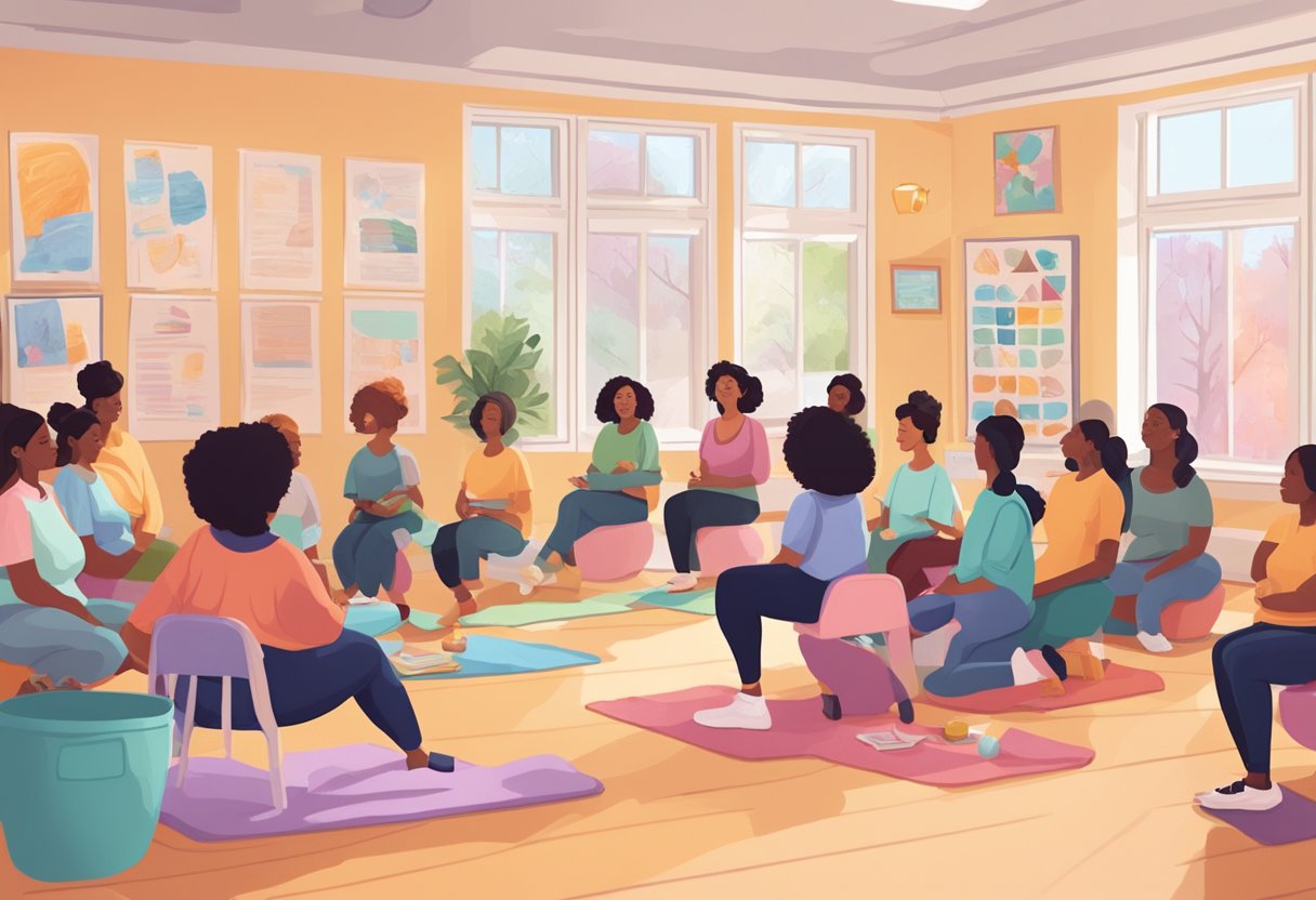 A cozy classroom filled with colorful posters, birthing tools, and eager students learning from an experienced doula instructor