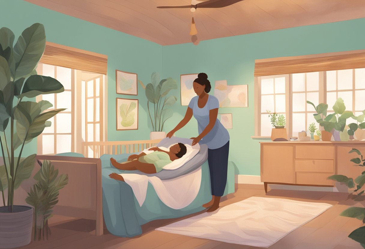 A serene birthing room with a doula providing support to a laboring mother, surrounded by calming colors and natural elements