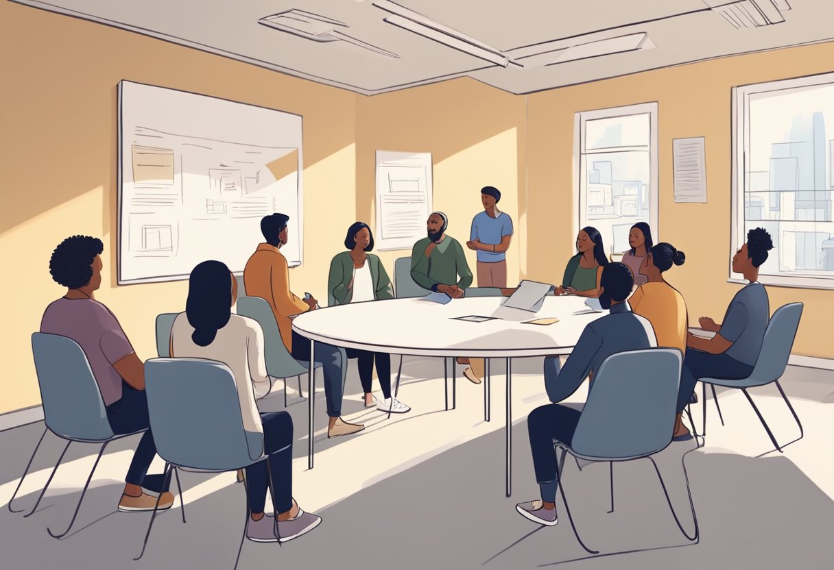 A serene, sunlit room with a circle of chairs, a whiteboard, and a table with informational pamphlets. A diverse group of people engage in lively discussion