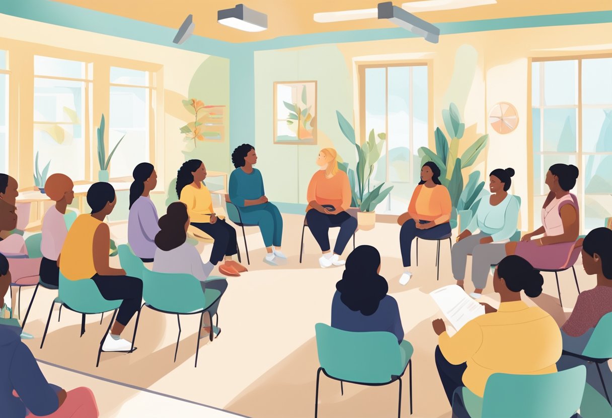 A group of individuals participating in a doula training workshop, engaged in discussions and hands-on activities in a bright and inviting classroom setting