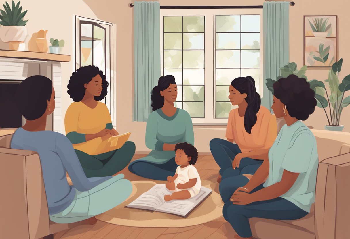 A postpartum doula sits with a family in their home, offering support and guidance. The doula listens attentively and provides gentle reassurance as the family discusses their needs and concerns