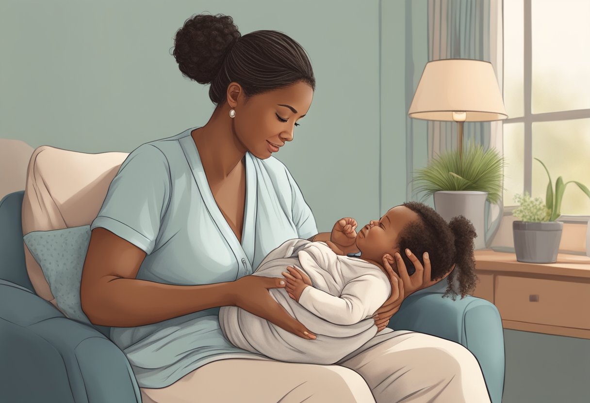 A postpartum doula providing support and guidance to a new mother, offering assistance with newborn care, breastfeeding, and emotional well-being