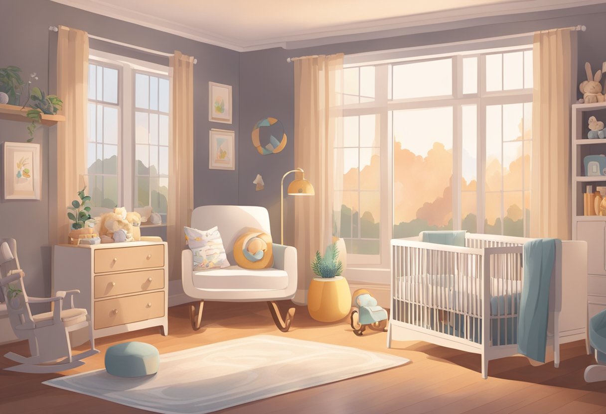 A peaceful, cozy nursery with a rocking chair, crib, and soft lighting. A postpartum doula offers support to a new mother while the family rests nearby