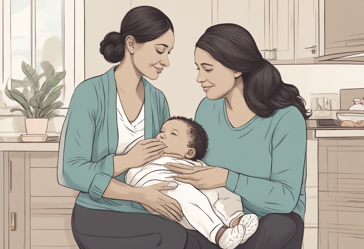 A postpartum doula sits with a new mother, offering support and guidance as they discuss the needs of the family