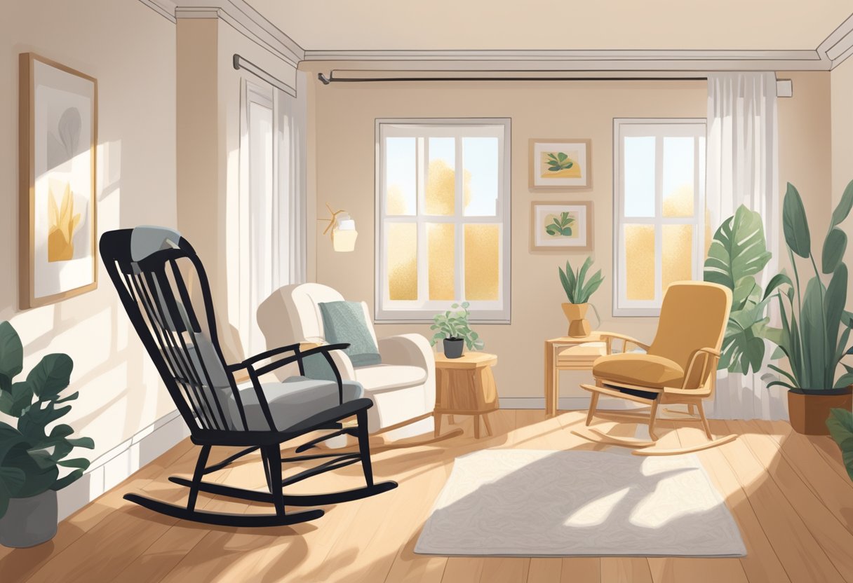 A peaceful, sunlit room with a comfortable rocking chair and soft blankets. A postpartum doula offers support to a new mother, while a warm meal is prepared in the background