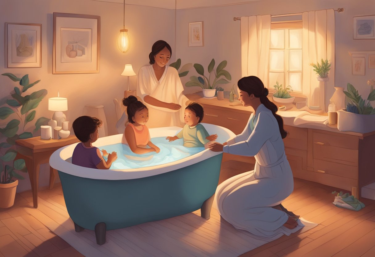 A serene, candlelit room with a comfortable birthing tub, soft music, and supportive family members surrounding a laboring mother