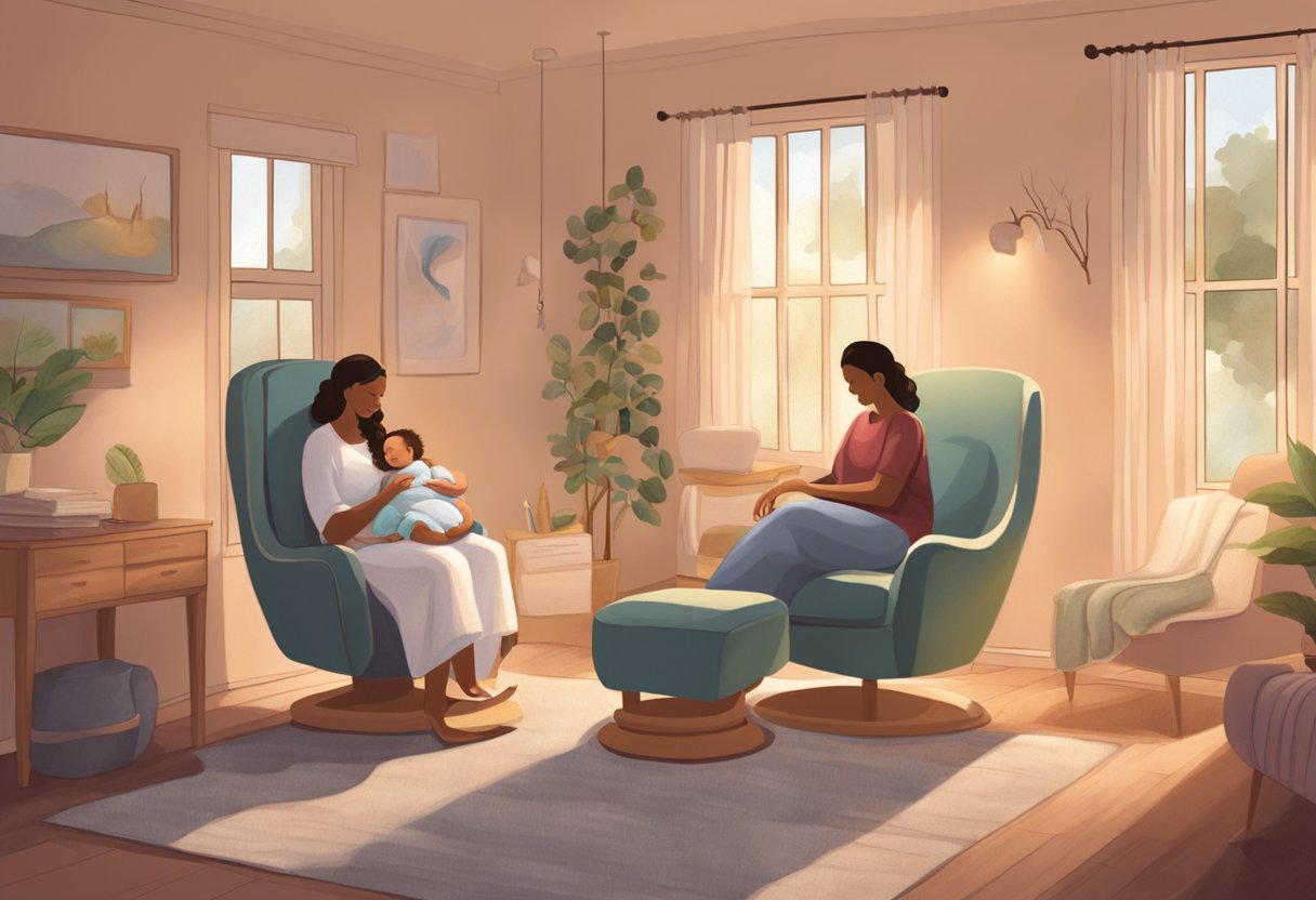 A serene birthing room with a cozy chair, soft lighting, and gentle music. A doula provides support to a laboring mother while family members look on with anticipation