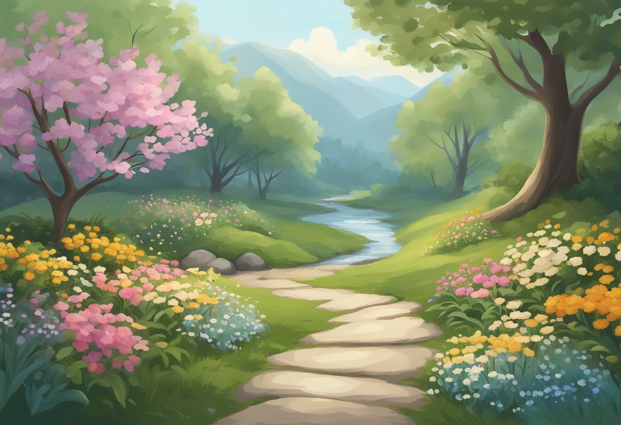 A serene path leading through nature, with blooming flowers and a gentle stream, symbolizing the journey towards birth doula certification