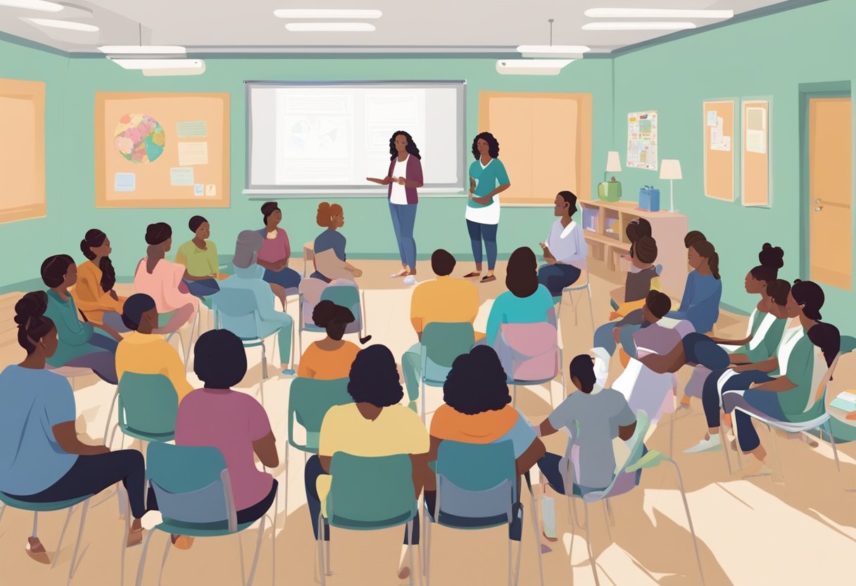 A group of doulas-in-training gather in a classroom, surrounded by educational materials and birthing tools. An instructor leads a discussion on supporting families through childbirth