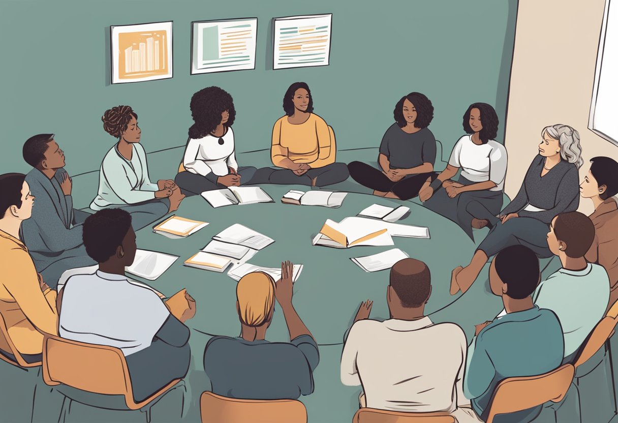 A group of diverse individuals sit in a circle, engaged in a discussion. A banner with the words "Doula Certification Programs" hangs on the wall behind them