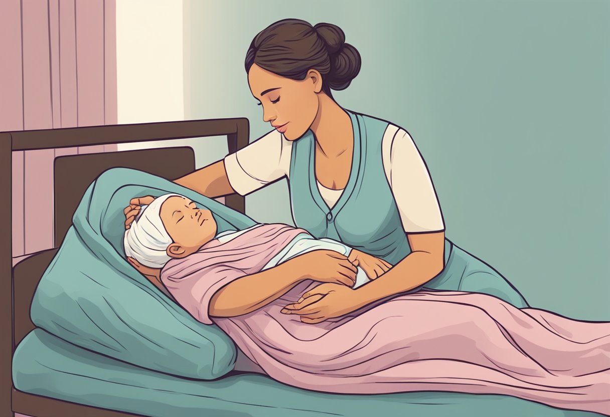 A doula comforting a mother during childbirth, offering support and guidance