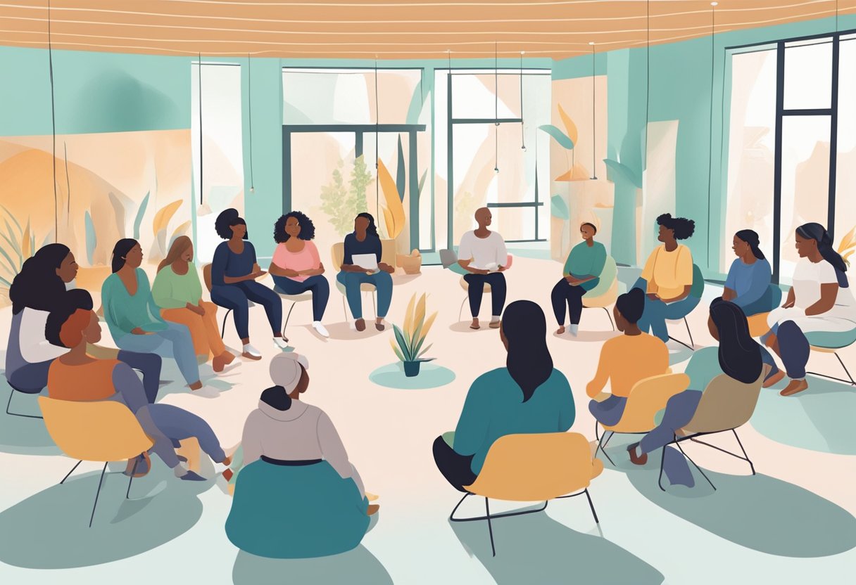 A group of diverse individuals gather in a bright, welcoming space, engaging in discussions and hands-on activities related to doula certification