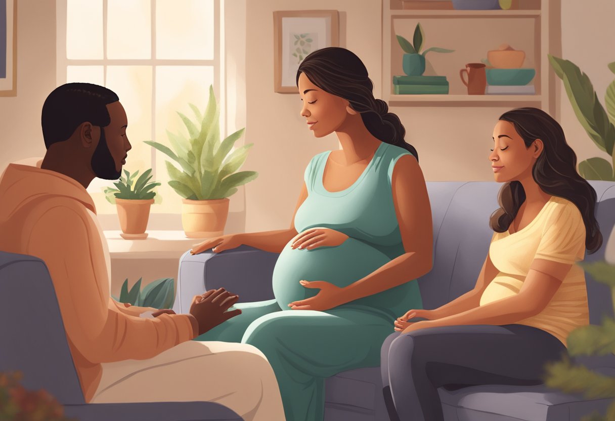 A serene pregnant woman sits in a cozy, sunlit room surrounded by supportive family and a caring doula. They engage in deep conversation and gentle touch, creating a warm and nurturing atmosphere