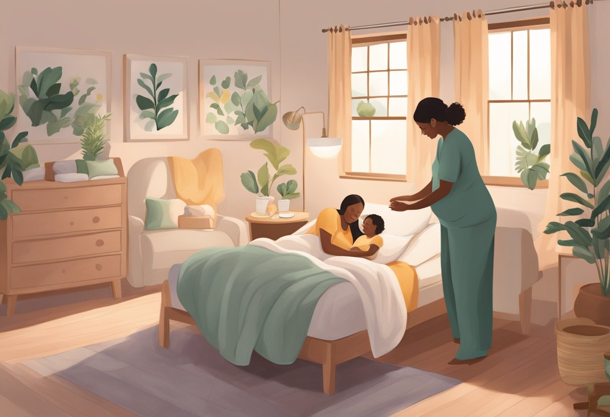 A serene birthing room with a comfortable bed, soft lighting, and calming decor. A doula provides support to a pregnant woman during labor, and then assists with postpartum care