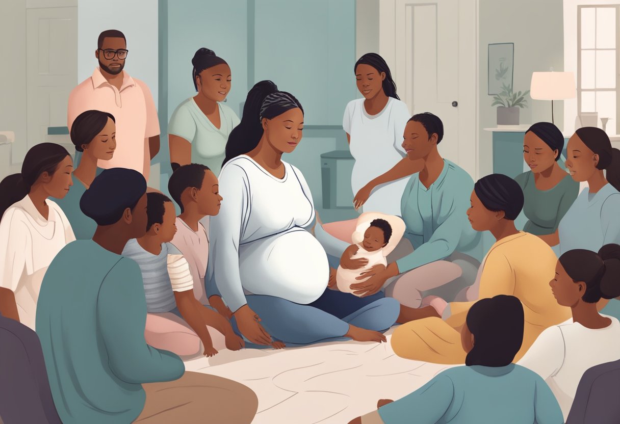 A pregnant person sits surrounded by supportive figures, receiving guidance and care from a doula. The doula provides comfort and reassurance, creating a calm and nurturing environment for the impending childbirth