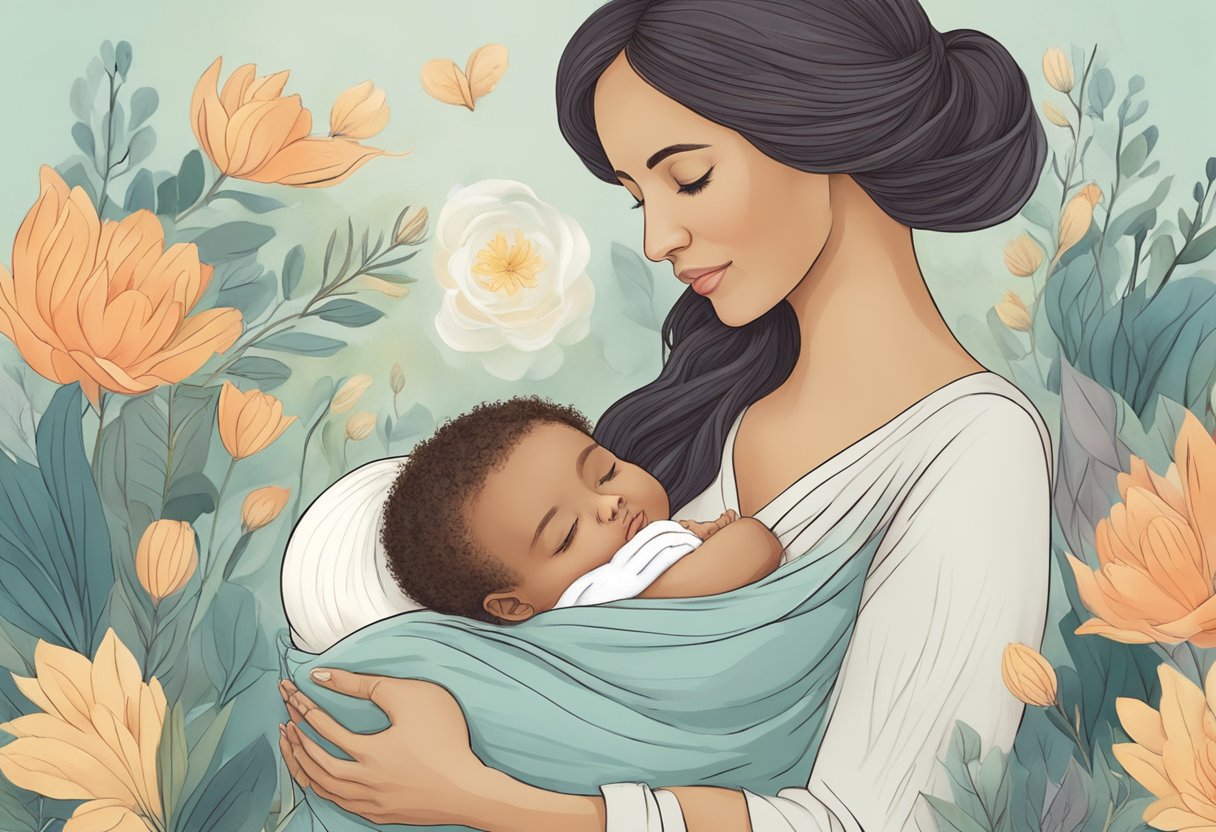 A serene doula supports a new mother, surrounded by calming colors and comforting elements, symbolizing postpartum support and recovery