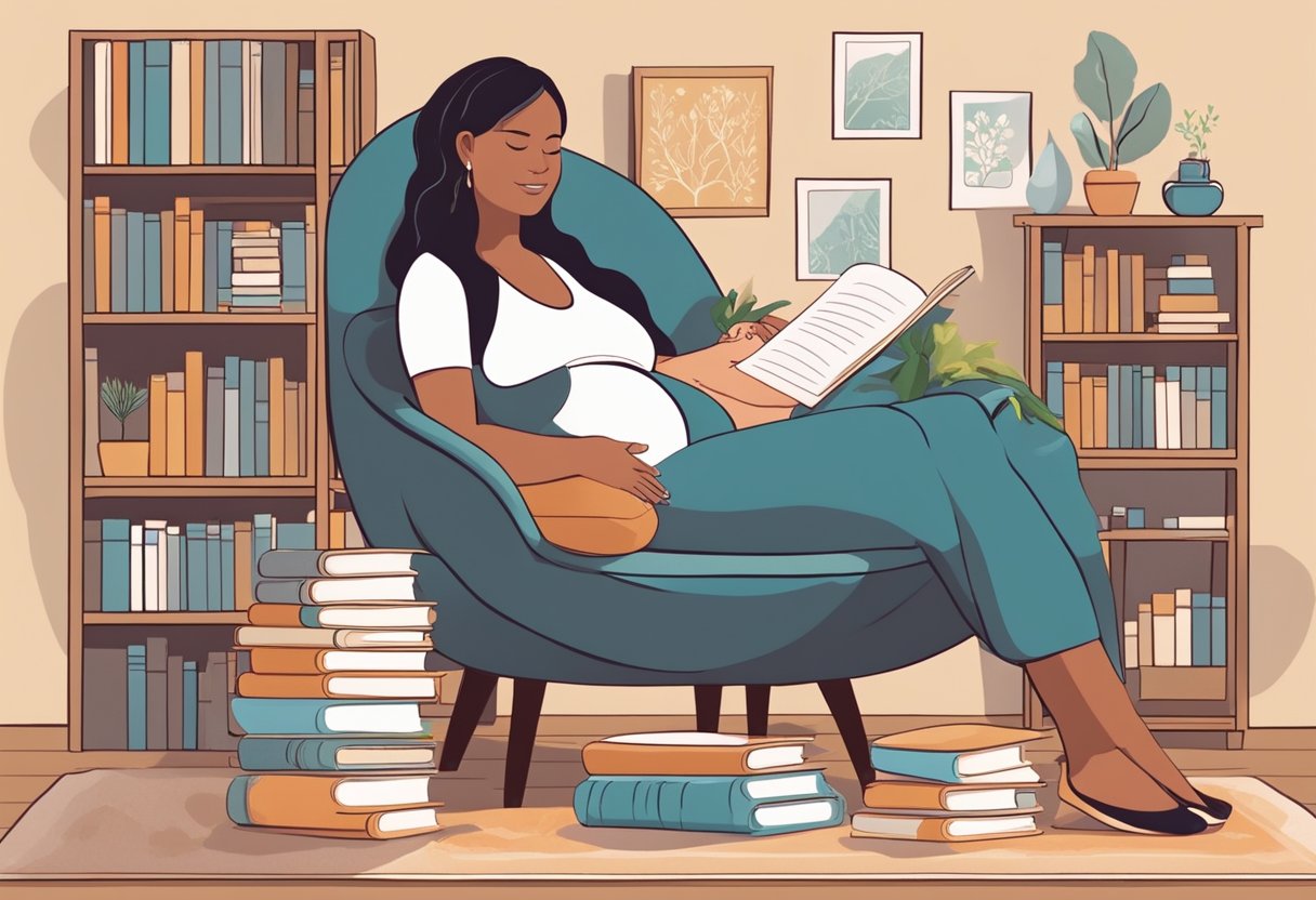 A serene pregnant woman sitting in a cozy chair, surrounded by books and resources on pregnancy and childbirth. A doula stands nearby, offering support and guidance