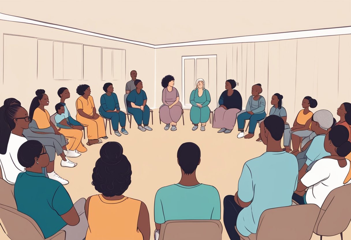 A group of diverse individuals sit in a circle, attentively listening to a doula trainer as she demonstrates techniques and shares knowledge