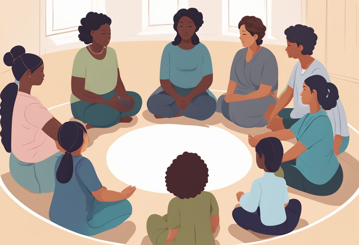 A doula sitting in a circle with a group of trainees, demonstrating comfort techniques and providing guidance