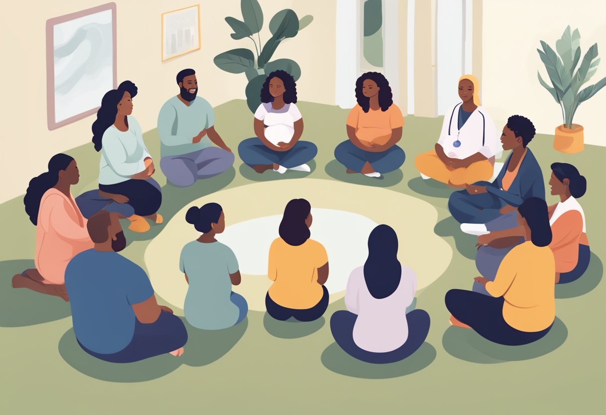 A group of diverse individuals sit in a circle, engaged in deep conversation and learning, surrounded by images of pregnancy, birth, and nurturing