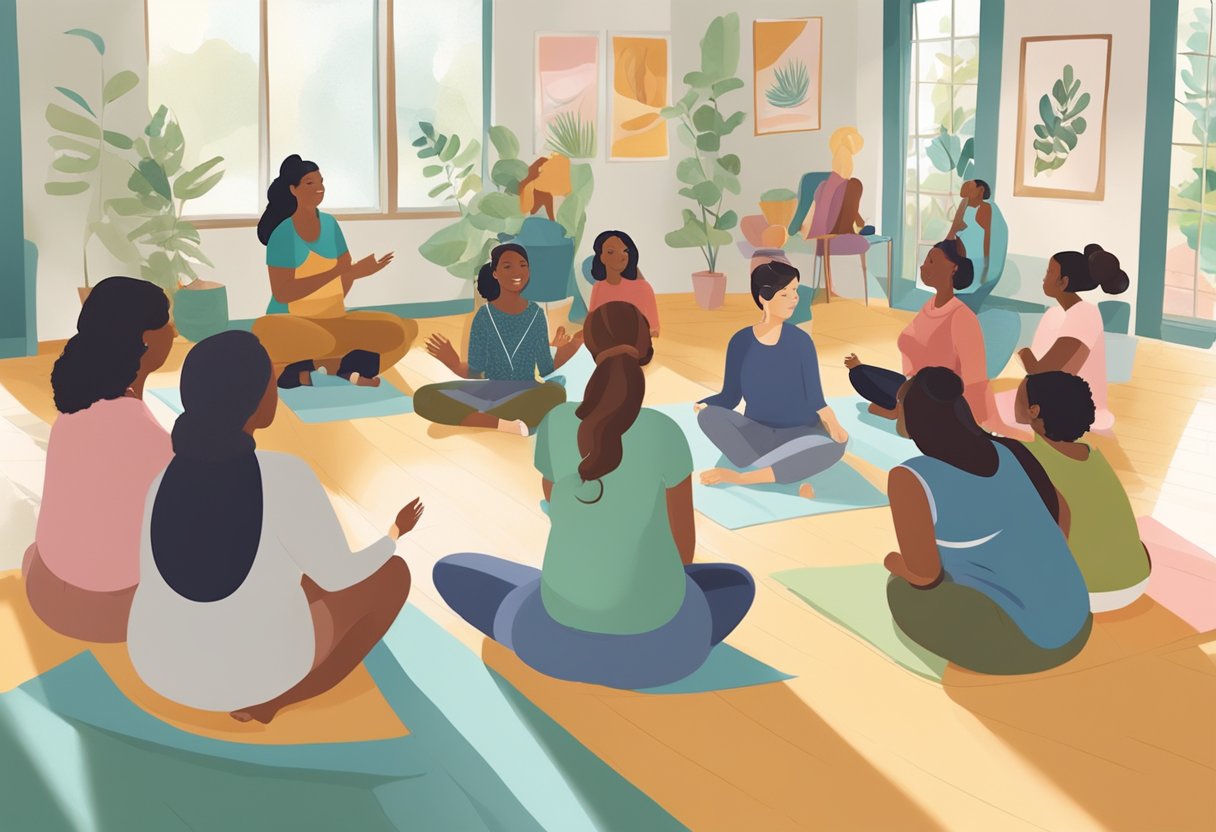 A doula training workshop with diverse participants, engaged in group discussions and hands-on activities, led by experienced instructors in a bright, welcoming space