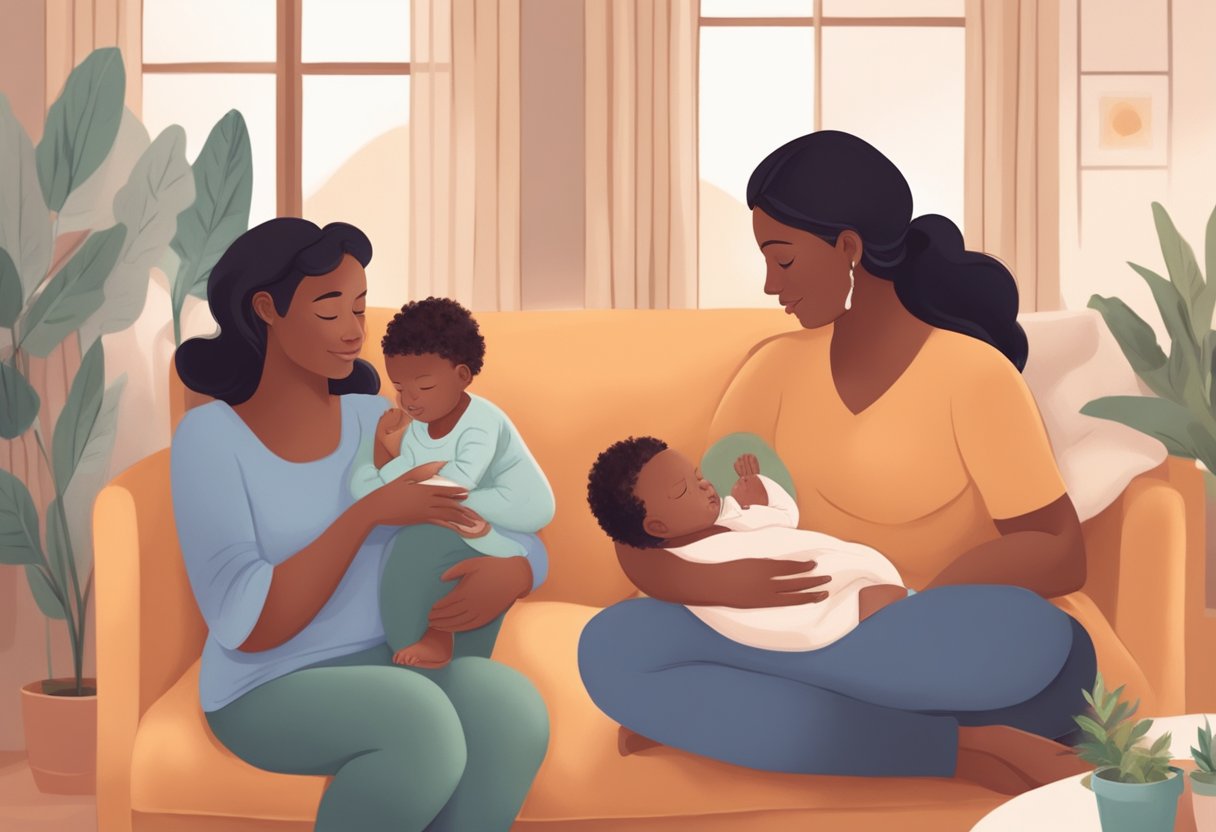 A postpartum doula gently guides a family through caring for a newborn, offering emotional support and practical advice in a cozy living room