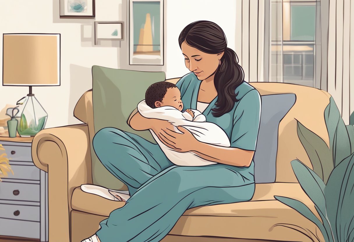 A postpartum doula providing support to a new family, offering guidance and assistance with newborn care, household tasks, and emotional support