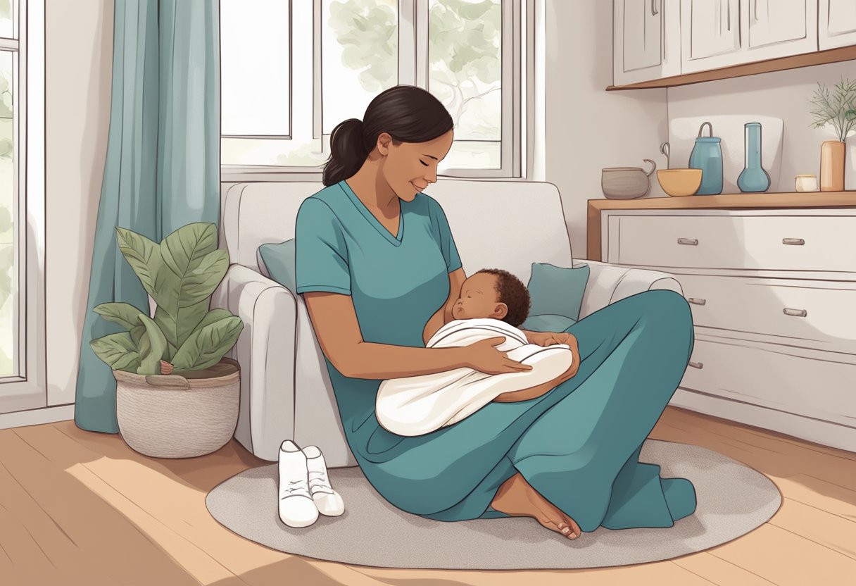 A postpartum doula providing support and guidance to a new family in their home, offering assistance with newborn care, household tasks, and emotional support