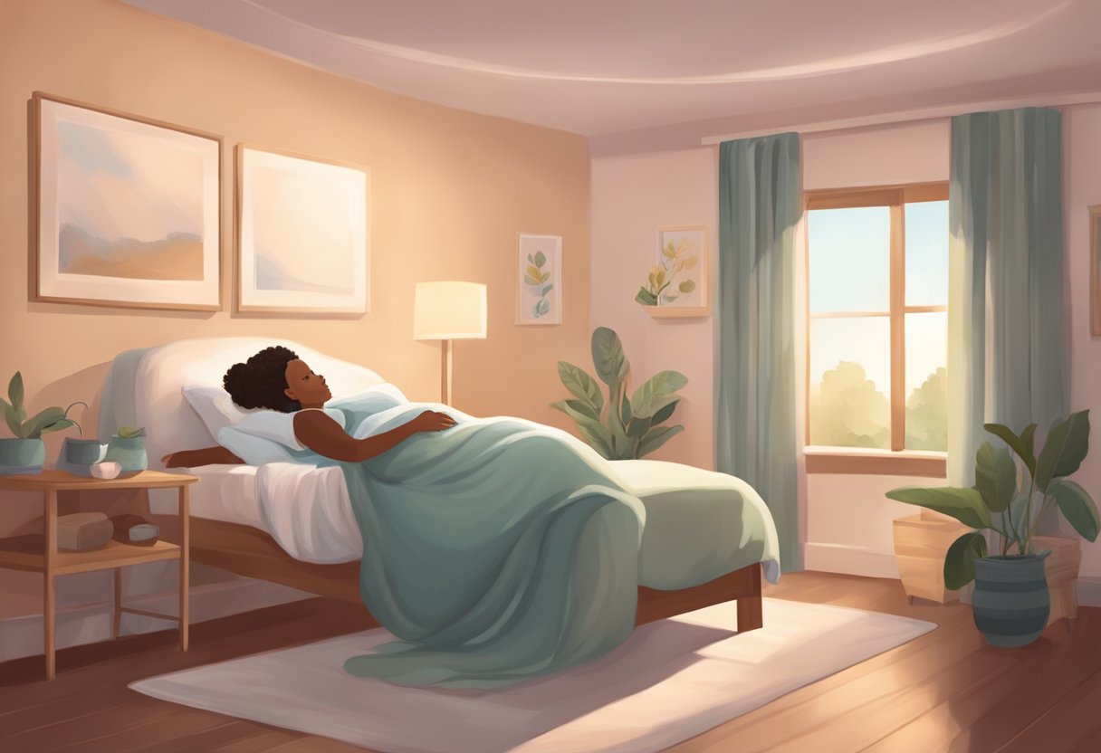 A serene birthing room with a comfortable bed, soft lighting, and a calming atmosphere. A doula providing support to a laboring mother