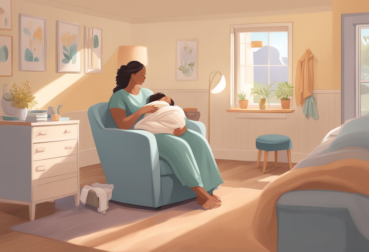 A serene birthing room with a comfortable chair, soft lighting, and a supportive doula assisting a laboring mother