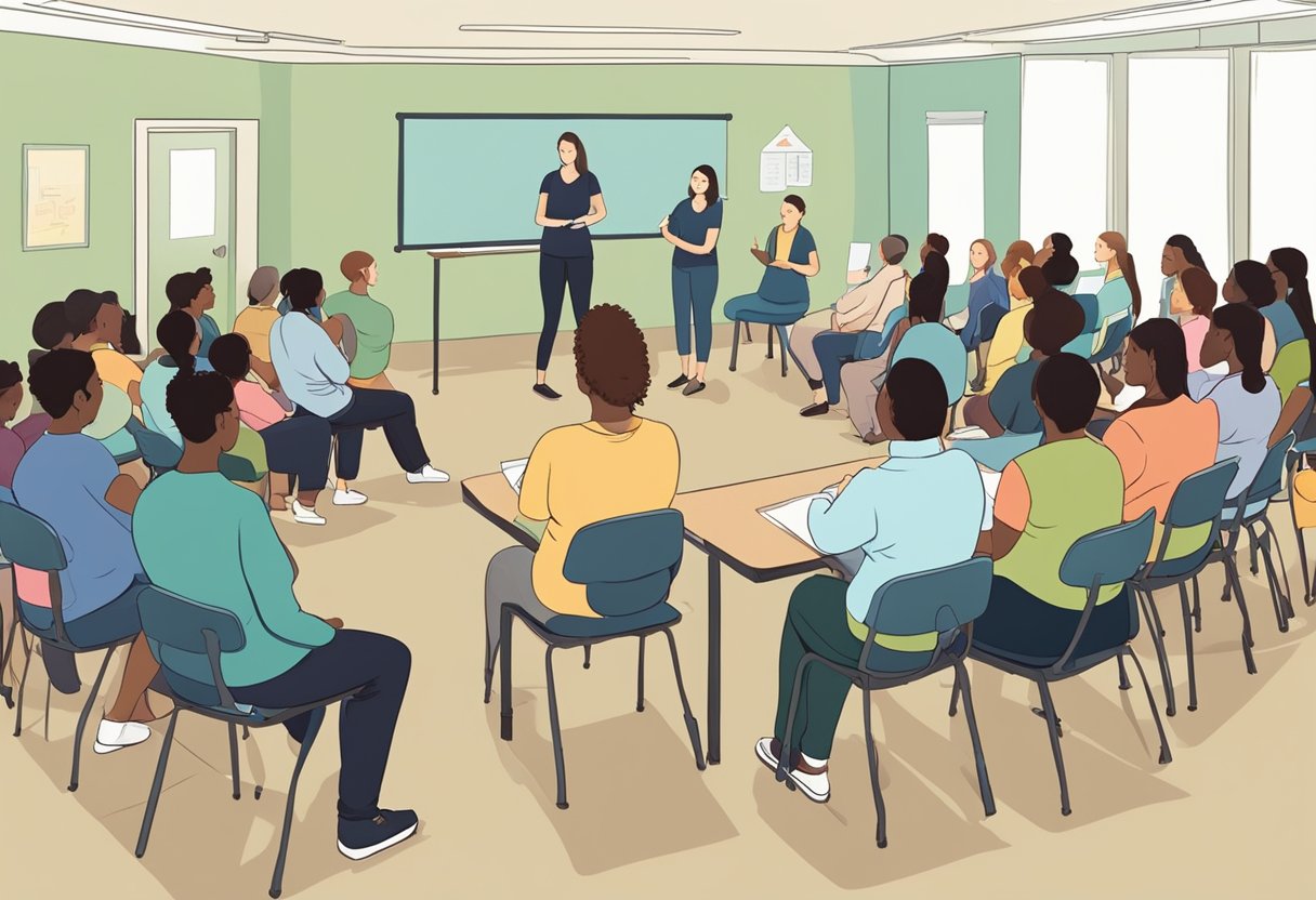 A group of individuals sitting in a classroom, listening to an instructor explain the training and certification process for becoming a certified birth doula