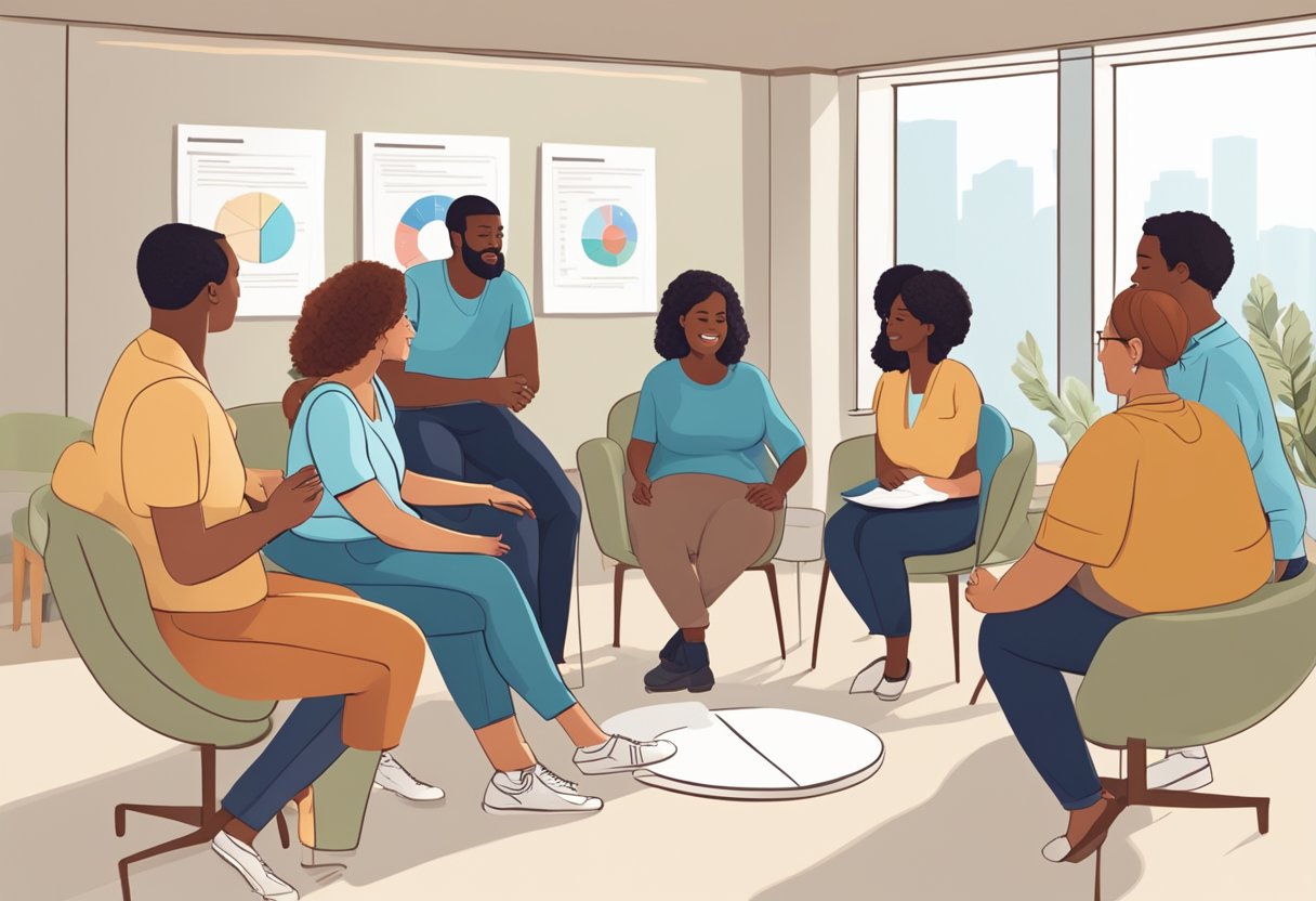 A group of diverse adults sit in a circle, engaged in a lively discussion. Charts and diagrams on the wall illustrate various support techniques and educational materials for becoming a certified birth doula