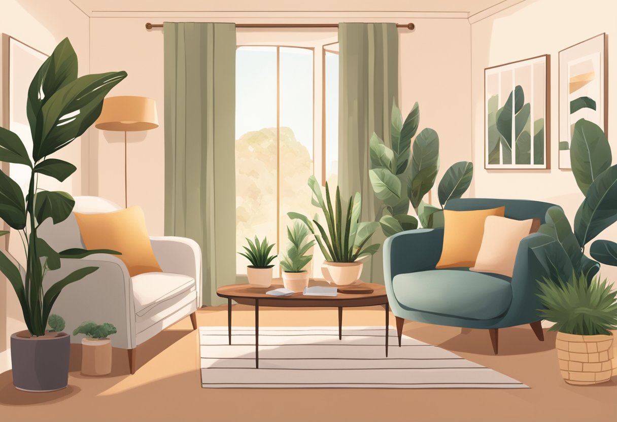 A cozy living room with soft lighting, a comfortable chair, and a table with a mug and a notebook, surrounded by plants and a warm color palette