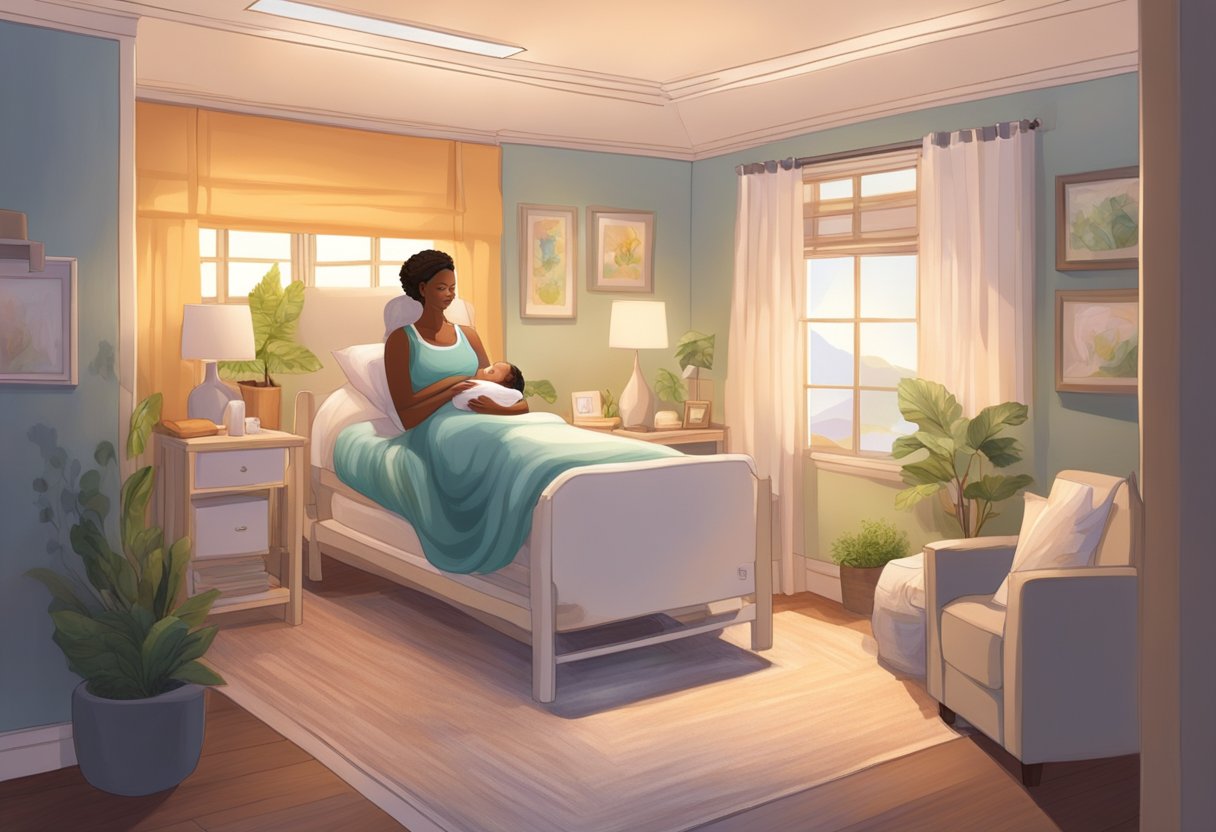 A serene birthing room with a doula providing support to a laboring mother, surrounded by comforting and calming elements such as essential oils, soft lighting, and soothing music