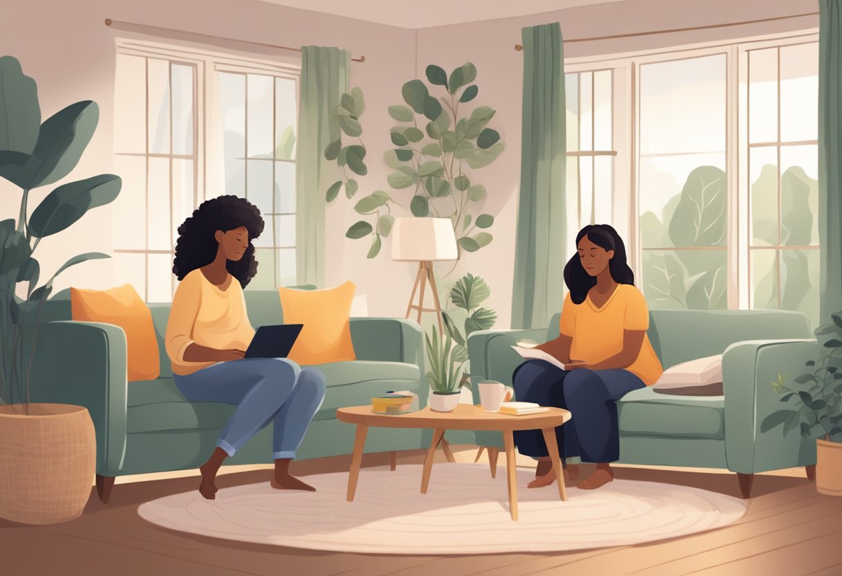 A serene, cozy room with soft lighting and comfortable seating. A doula and expectant parents sit together, discussing birth plans and support options