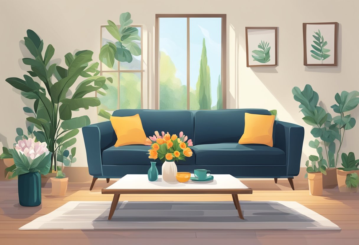 A cozy living room with a warm, inviting atmosphere, featuring a comfortable couch and a table with a vase of fresh flowers