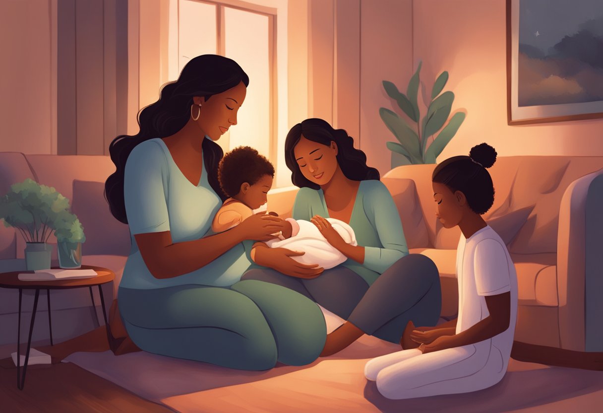 A doula supports a family in a cozy, dimly lit room as they bond with their newborn, offering guidance and encouragement